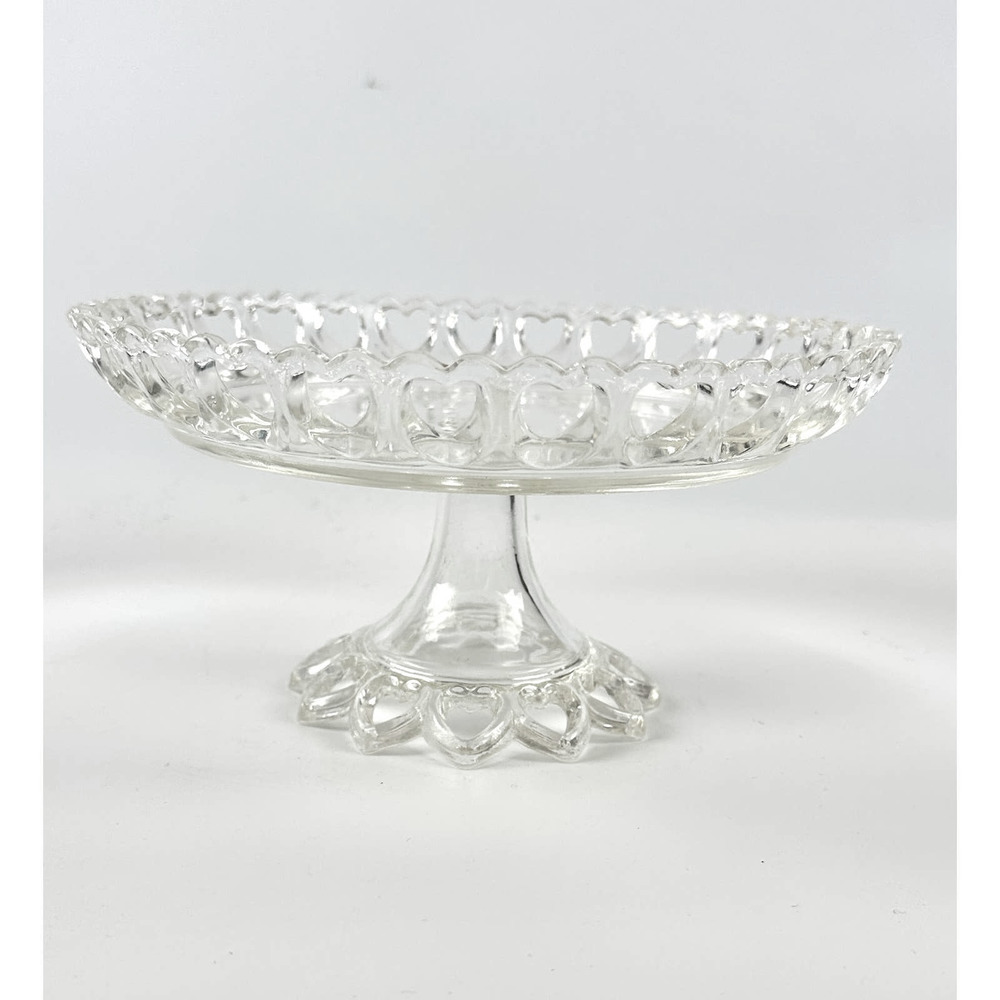 Vintage Clear Glass Footed Cake Pedestal Open Lace Heart Shaped Cut Outs